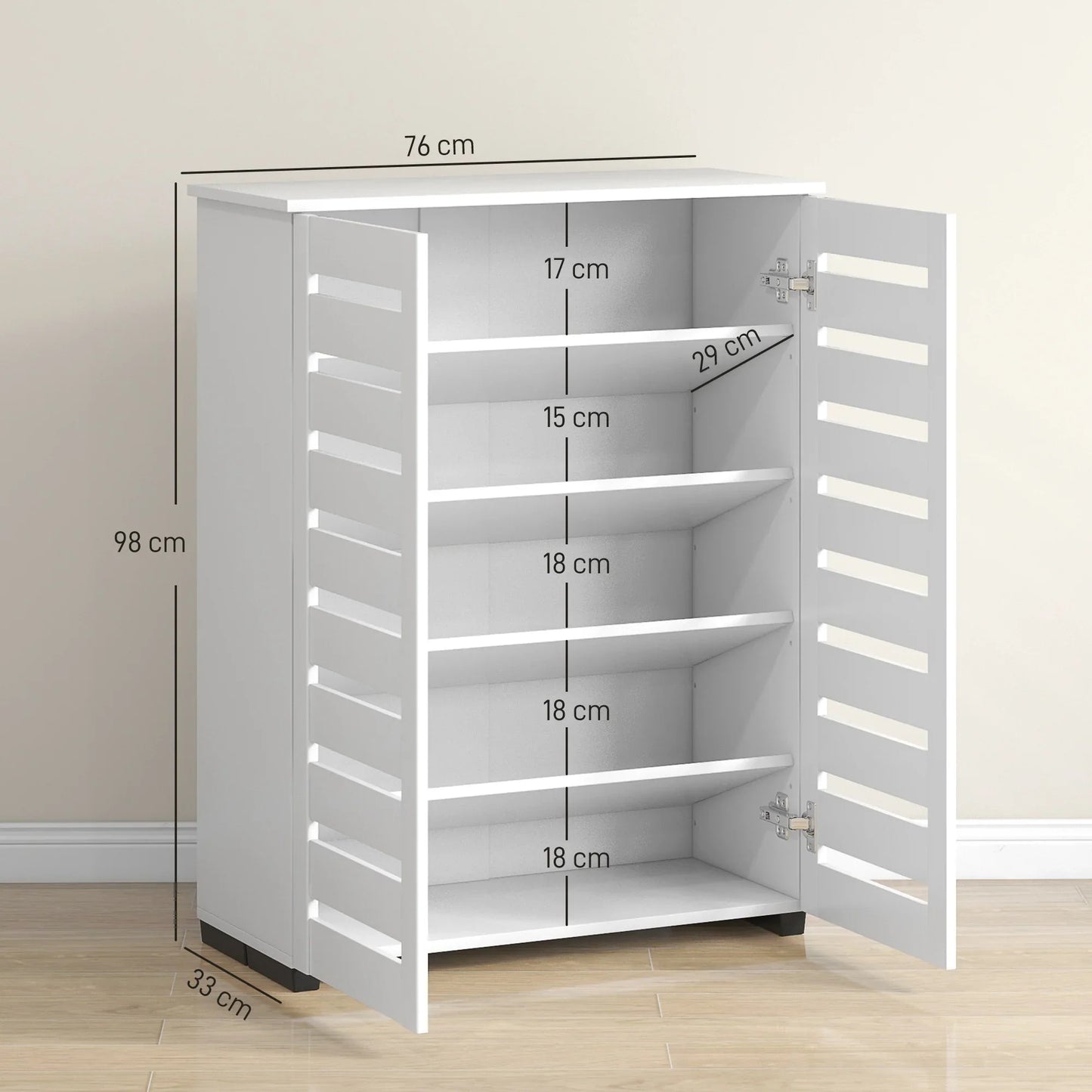 HOMCOM 5-Tier Shoe Cabinet with 4 Adjustable Shelves and Louvered Doors, Modern Space-Saving Wooden Shoe Organizer, 76x33x98 cm, White