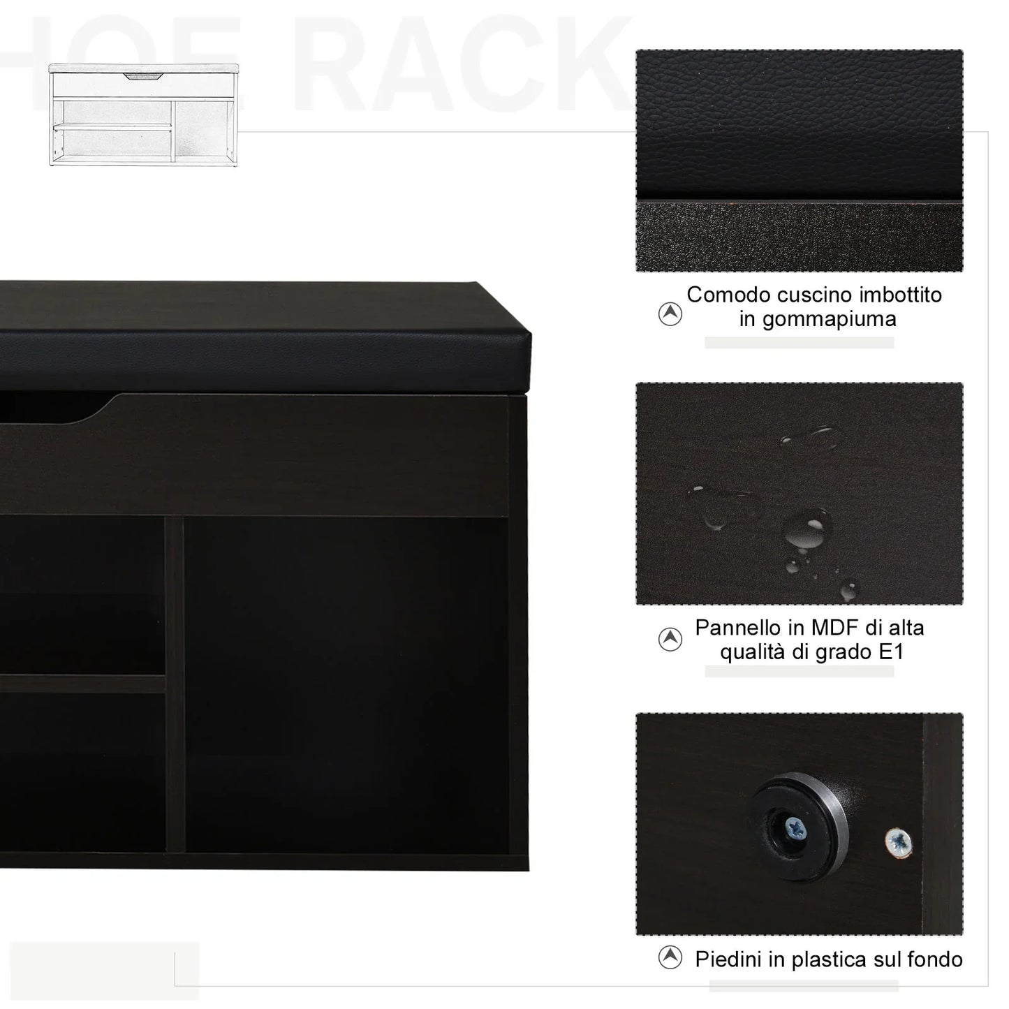 HOMCOM Gepolsterter Schuhschrank für den Eingangsbereich, Schuhbank mit Schuhregal, 3 Fächer, Sitzfläche aus PU-Leder, für Wohn- und Flurbereich, 80x30x43 cm, Schwarz