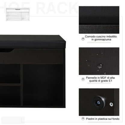 HOMCOM Gepolsterter Schuhschrank für den Eingangsbereich, Schuhbank mit Schuhregal, 3 Fächer, Sitzfläche aus PU-Leder, für Wohn- und Flurbereich, 80x30x43 cm, Schwarz