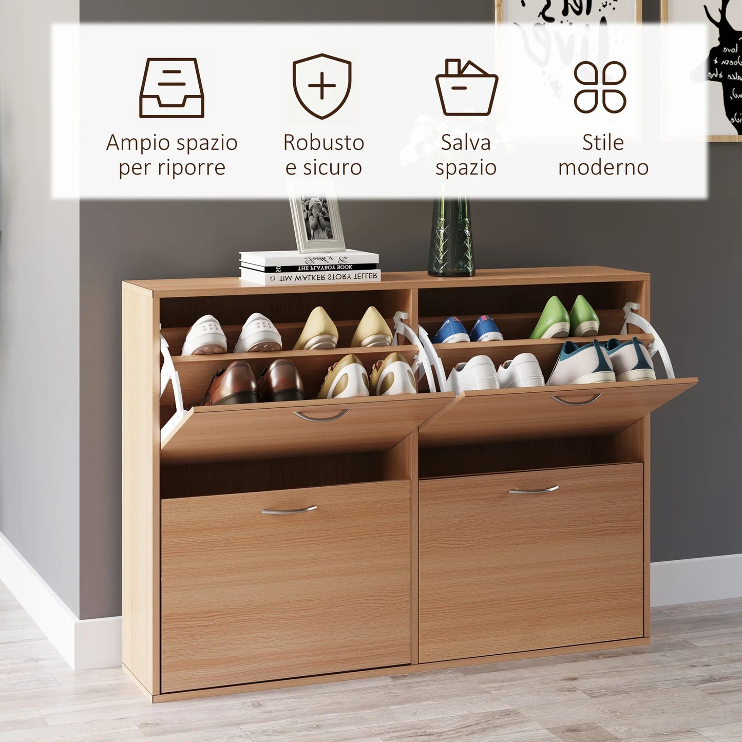 HOMCOM Schlankes Schuhregal mit 4 Klapptüren, modernes Schuhregal für 24 Paar Schuhe mit verstellbaren Einlegeböden, Holzfarbe, 120x24x81cm