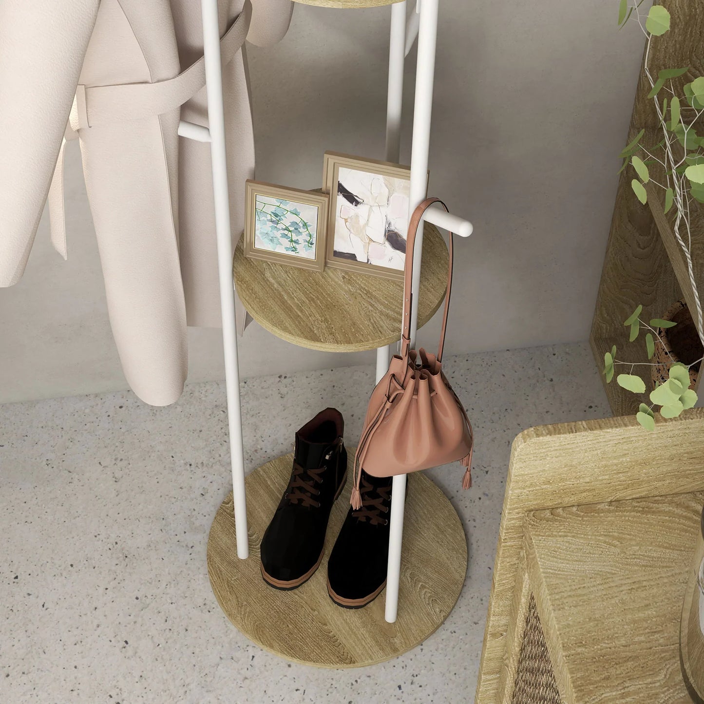HOMCOM Freestanding Coat Rack made of Steel with 9 Hooks and 2 Round Shelves - Ø 40 x 167 cm in Natural and White