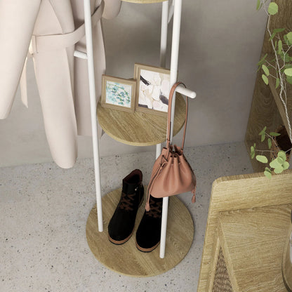 HOMCOM Freestanding Coat Rack made of Steel with 9 Hooks and 2 Round Shelves - Ø 40 x 167 cm in Natural and White