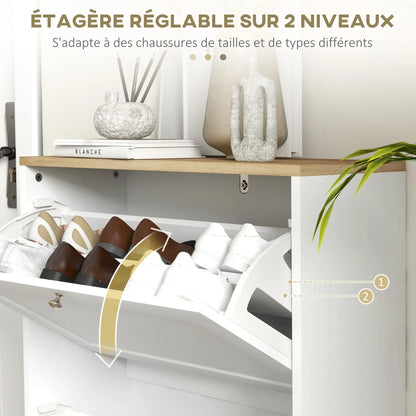 HOMCOM Shoe Cabinet for 12 Pairs, Slim Shoe Storage Cabinet, Modern Furniture Piece for the Entrance Area with 2 Flip-Down Drawers and Adjustable Shelves, for Hallway and Entrance Area, 60 x 24 x 80 cm, White