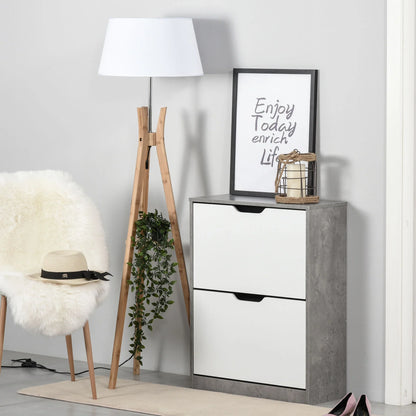 HOMCOM Holz Schuhschrank Schuhregal mit 2 Klapptüren und 4 Ablagen für 8 Paare im Eingangsbereich Flur Schlafzimmer 62,5x26x81 cm Grau