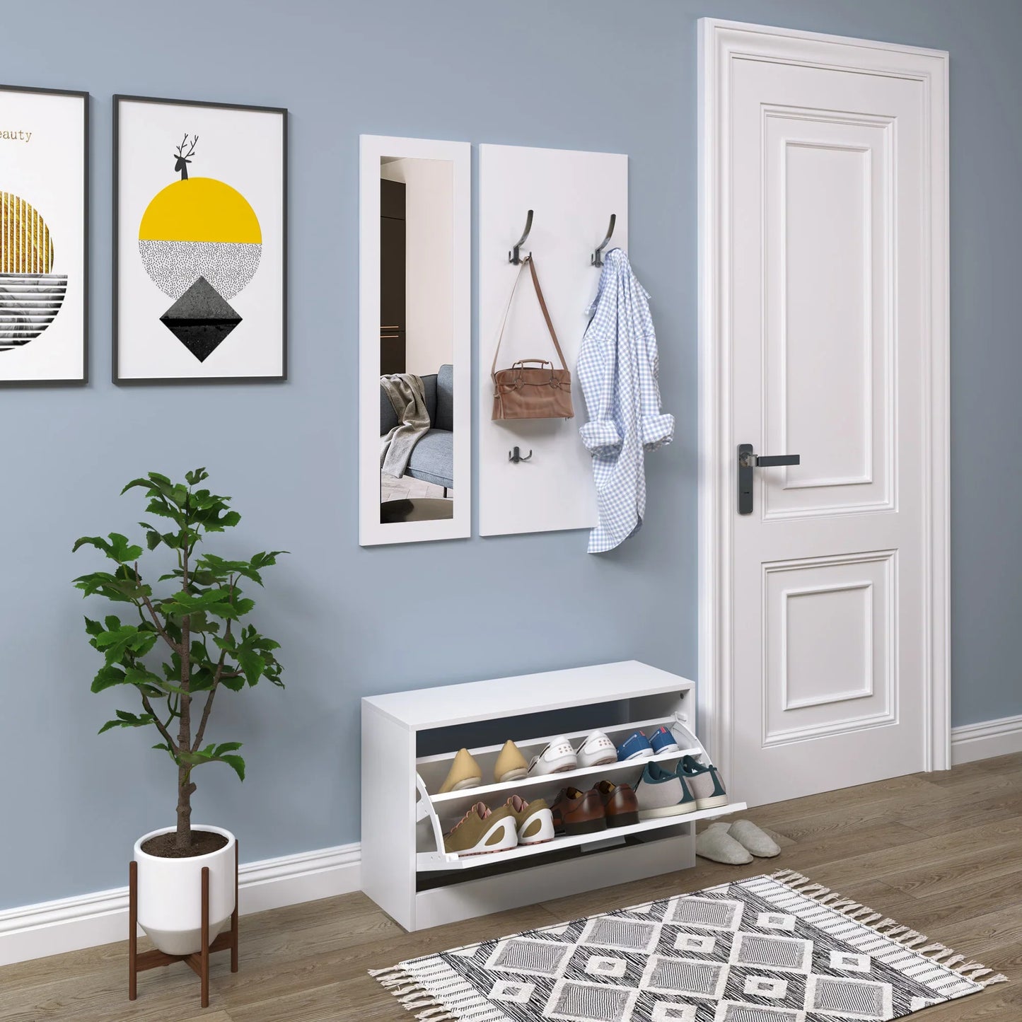 HOMCOM Möbelset für den Eingangsbereich 3-teiliges Schuhschrank-Spiegel-Garderobe mit 4 Haken zum Aufhängen von Kleidung 80x27x46,5 cm Weiß