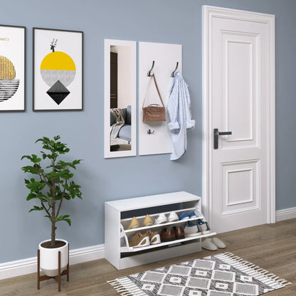 HOMCOM Möbelset für den Eingangsbereich 3-teiliges Schuhschrank-Spiegel-Garderobe mit 4 Haken zum Aufhängen von Kleidung 80x27x46,5 cm Weiß