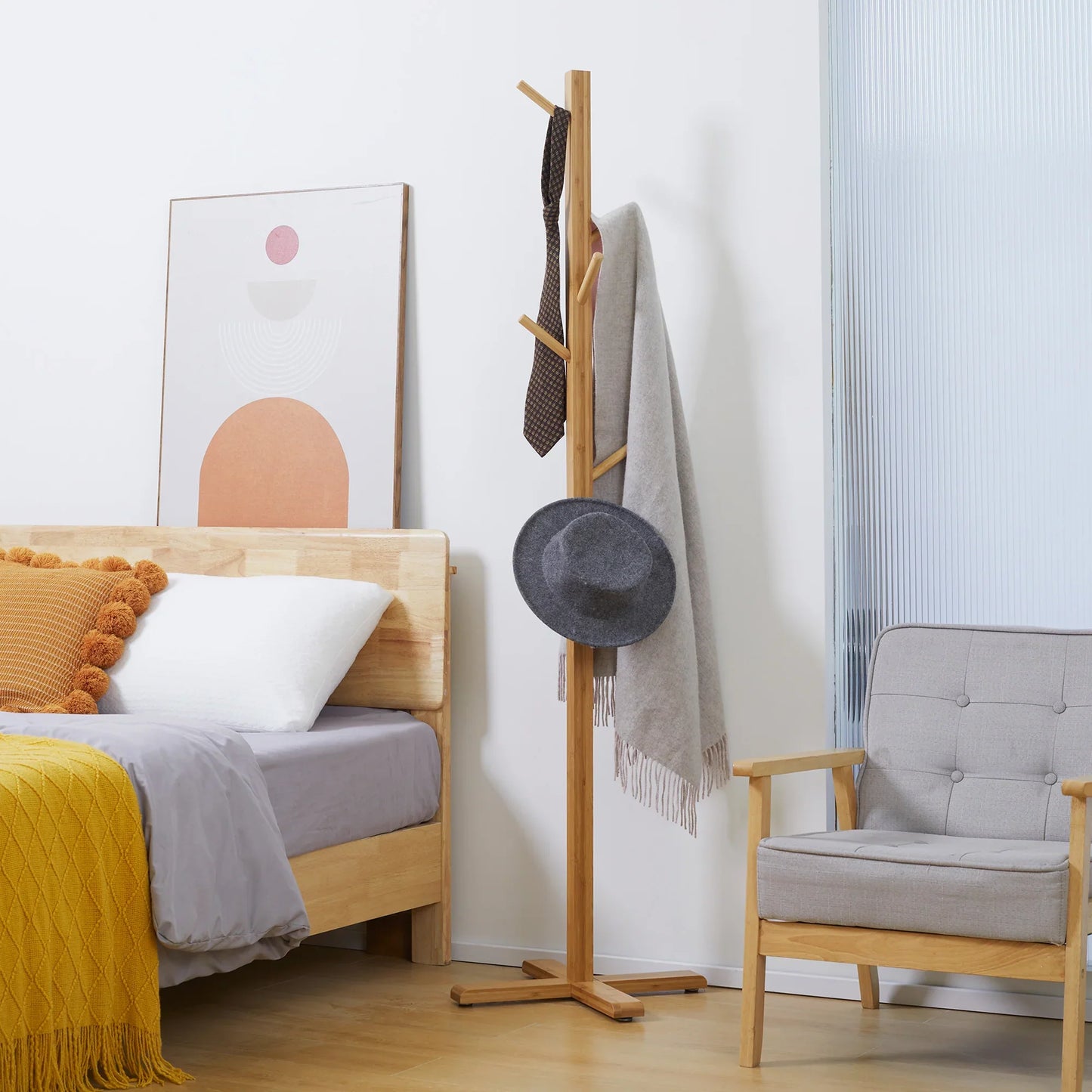 HOMCOM Kleiderständer mit 8 Haken, Bambus Garderobenständer für Schlafzimmer, Ausstellungen, Waschraum, Naturholz
