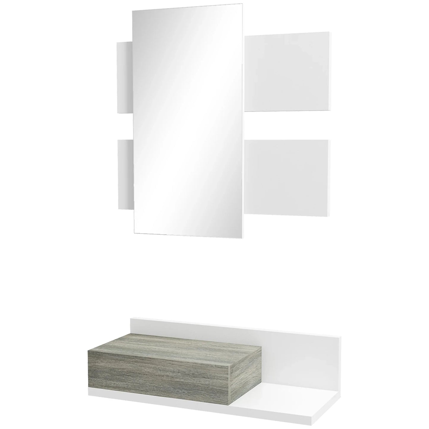 HOMCOM Flureinrichtungsset mit Spiegel und Schublade, Wandmontage, Moderner Stil 75x3,5x75 cm und 75x30,5x20 cm Grau und Weiß