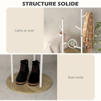 HOMCOM Freestanding Coat Rack made of Steel with 9 Hooks and 2 Round Shelves - Ø 40 x 167 cm in Natural and White