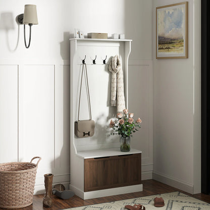 HOMCOM 3 in 1 Garderobenständer mit Schuhbank, platzsparender Boden-Garderobenständer mit 4 Haken und Ablagebank, MDF, für Flur, Schlafzimmer, 71,5x39,5x170 cm, Weiß und Braun