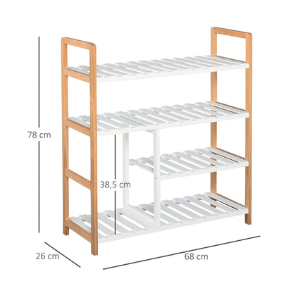 HOMCOM Schuhregal mit 4 Ebenen für bis zu 11 Paar Schuhe und Fach für hohe Stiefel aus massivem Kiefernholz 68x26x78 cm Weiß