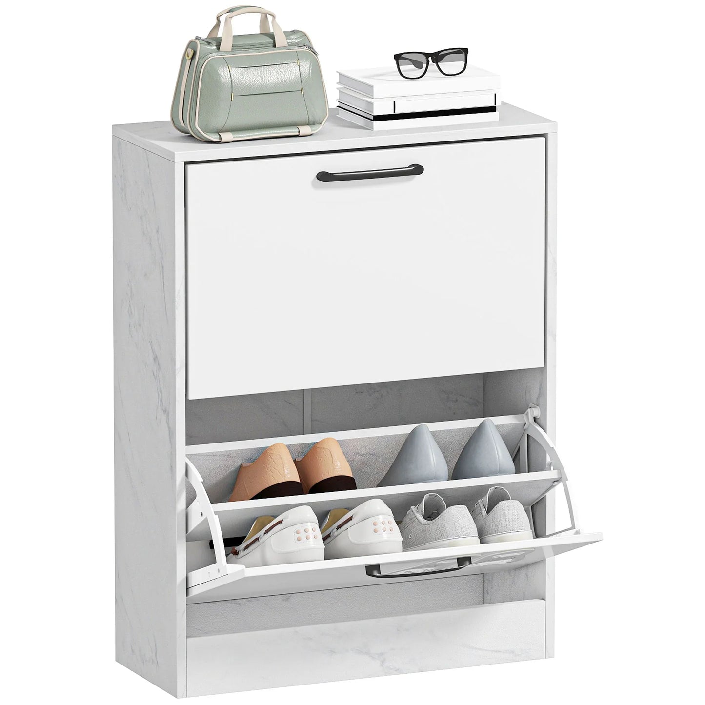 HOMCOM schmaler Schuhschrank mit 2 Hochglanz‑Klapp­türen, verstellbaren Einlegeböden, Marmor‑Design, für bis zu 8 Paar – Weiß (60 x 24 x 80 cm)