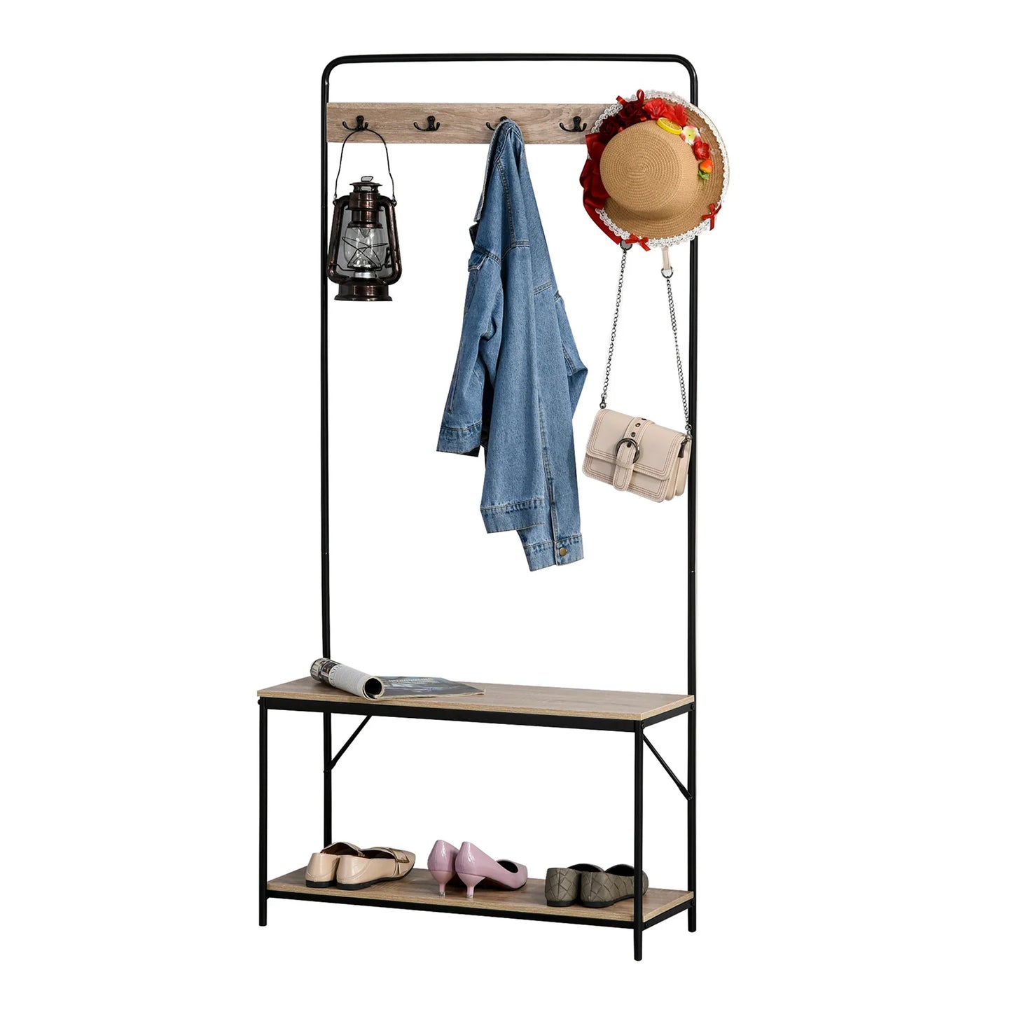 HOMCOM Coat Rack with Bench and Shoe Storage, Industrial Style, Vintage Wood and Black Steel Hallway Furniture