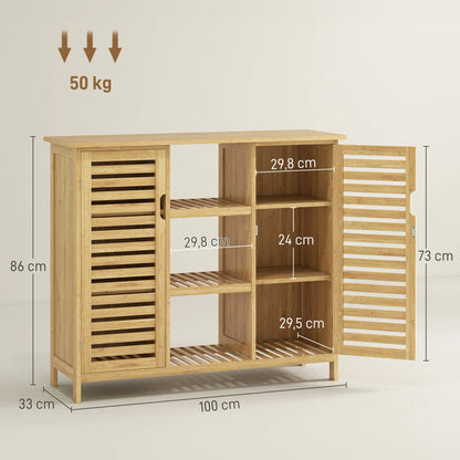 HOMCOM Bamboo Shoe Cabinet with 2 Louvred Doors - Shoe Rack for the Entrance Area with Shelves and Open Compartments for 9 Pairs of Shoes 100x33x86 cm Natural