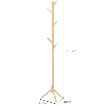 HOMCOM Freestanding Coat Rack with 8 Hooks - Wooden Clothes Tree for Hallway, Entrance Area, Bedroom 40x40x165 cm Natural