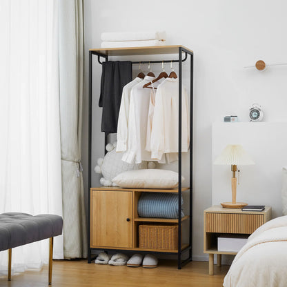 HOMCOM Industrial Style Clothes Rack Made of Steel and Wood, Wardrobe with Shelf and 2 Open Side Compartments, 80x40x180cm, Natural