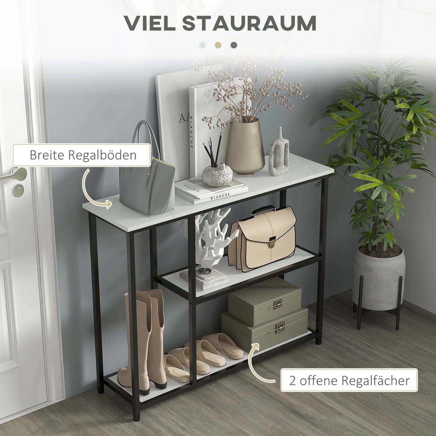 HOMCOM Console table, hall table with 3 shelves, 100 x 30 x 80 cm, side table, small display table for narrow spaces, hallway, entrance, living room, bedroom, white