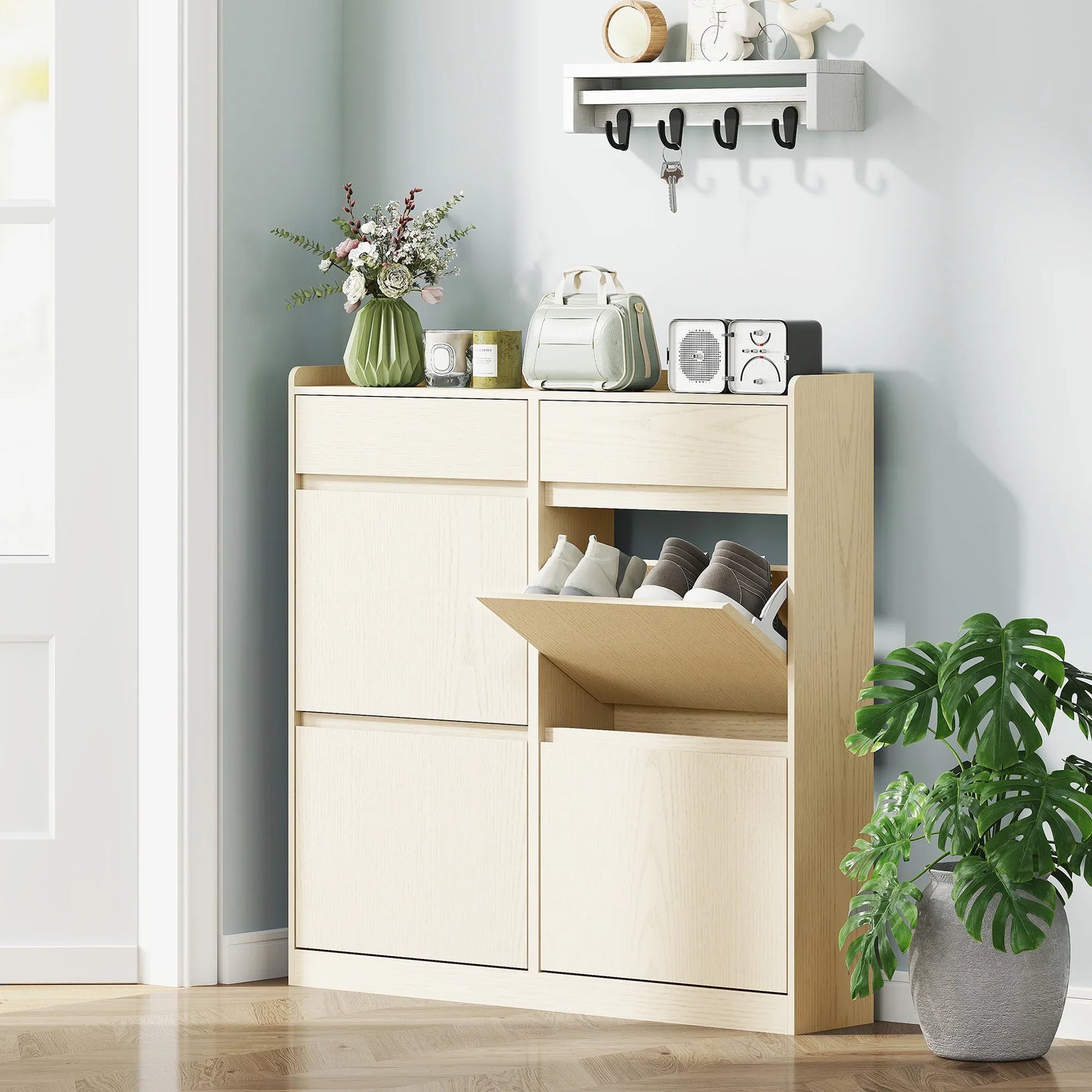 HOMCOM Narrow Shoe Cabinet with 4 Flip-Down Doors - Shoe Storage with 2 Drawers for 8 Pairs of Shoes, Ideal for the Hallway - 98x19.2x95.3 cm White