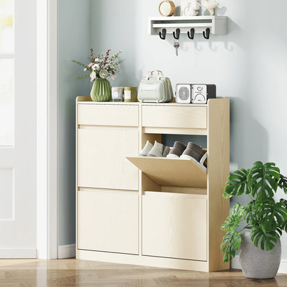 HOMCOM Narrow Shoe Cabinet with 4 Flip-Down Doors - Shoe Storage with 2 Drawers for 8 Pairs of Shoes, Ideal for the Hallway - 98x19.2x95.3 cm White