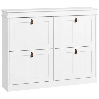 HOMCOM White Shoe Cabinet Slim Shoe Rack with 4 Tilt Doors and Adjustable Shelves for 20 Pairs of Shoes, Anti-tipping Device for Entrance Hallway 105x24x82.5 cm