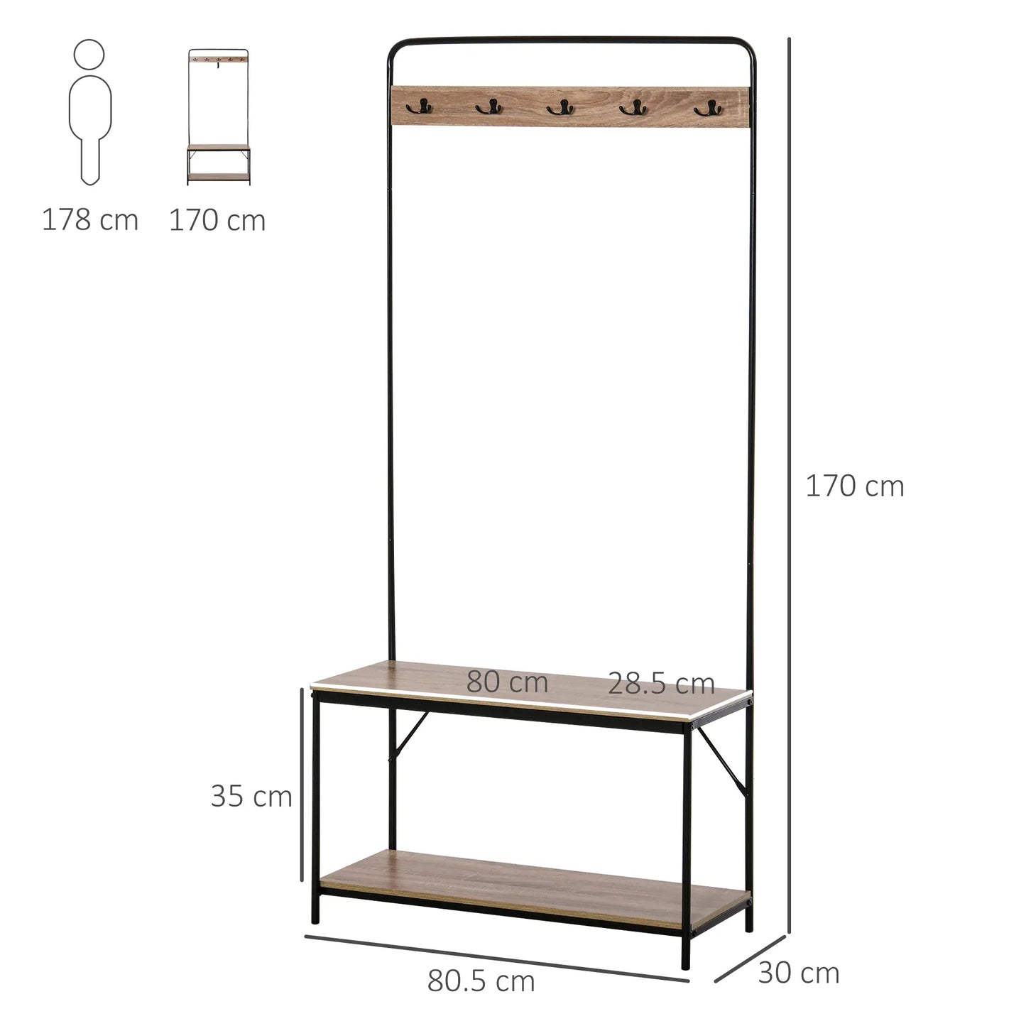 HOMCOM Coat Rack with Bench and Shoe Storage, Industrial Style, Vintage Wood and Black Steel Hallway Furniture