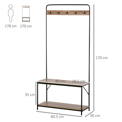 HOMCOM Coat Rack with Bench and Shoe Storage, Industrial Style, Vintage Wood and Black Steel Hallway Furniture