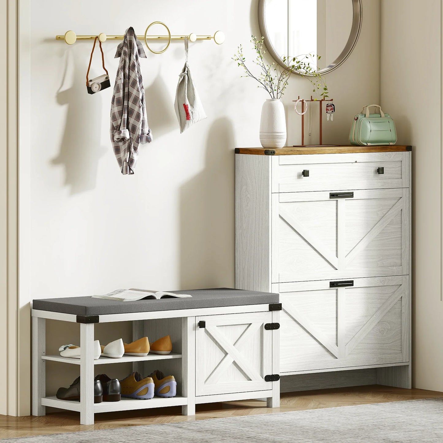 HOMCOM Rustikaler Schuhbänke Schuh Organizer mit Sitzplatz Schuhlagerbank mit Fächern und Kissen für 7 Paar Schuhe für Flur Wohnzimmer Schlafzimmer 100x40x48 cm Weiß und Grau