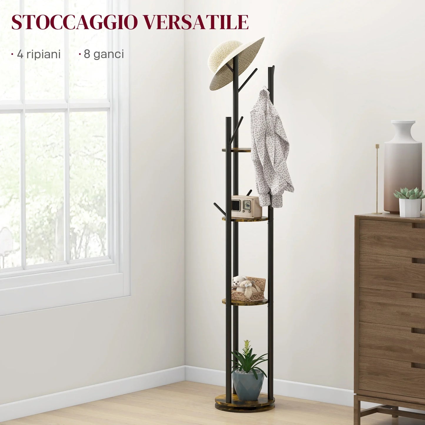 HOMCOM Rotating Freestanding Clothes Rack with 8 Hooks and 4 Shelves, Industrial Garment Rack for Entryway and Bedroom, Ø30x175cm, Rustic Brown