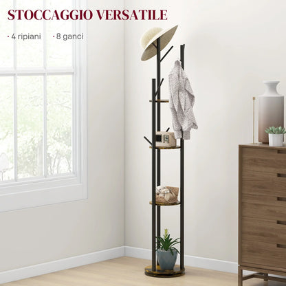 HOMCOM Rotating Freestanding Clothes Rack with 8 Hooks and 4 Shelves, Industrial Garment Rack for Entryway and Bedroom, Ø30x175cm, Rustic Brown