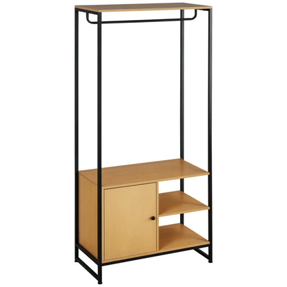 HOMCOM Industrial Style Clothes Rack Made of Steel and Wood, Wardrobe with Shelf and 2 Open Side Compartments, 80x40x180cm, Natural
