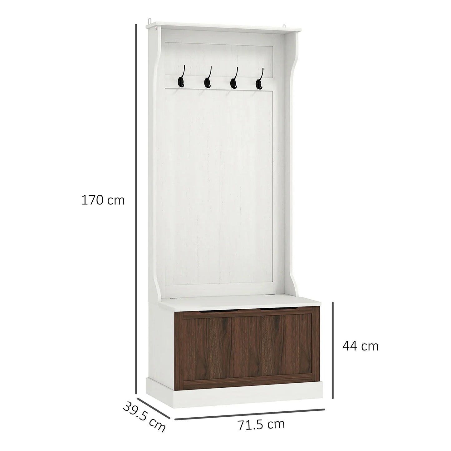 HOMCOM 3 in 1 Garderobenständer mit Schuhbank, platzsparender Boden-Garderobenständer mit 4 Haken und Ablagebank, MDF, für Flur, Schlafzimmer, 71,5x39,5x170 cm, Weiß und Braun