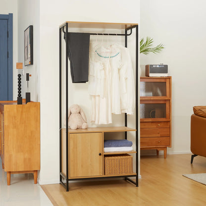 HOMCOM Industrial Style Clothes Rack Made of Steel and Wood, Wardrobe with Shelf and 2 Open Side Compartments, 80x40x180cm, Natural