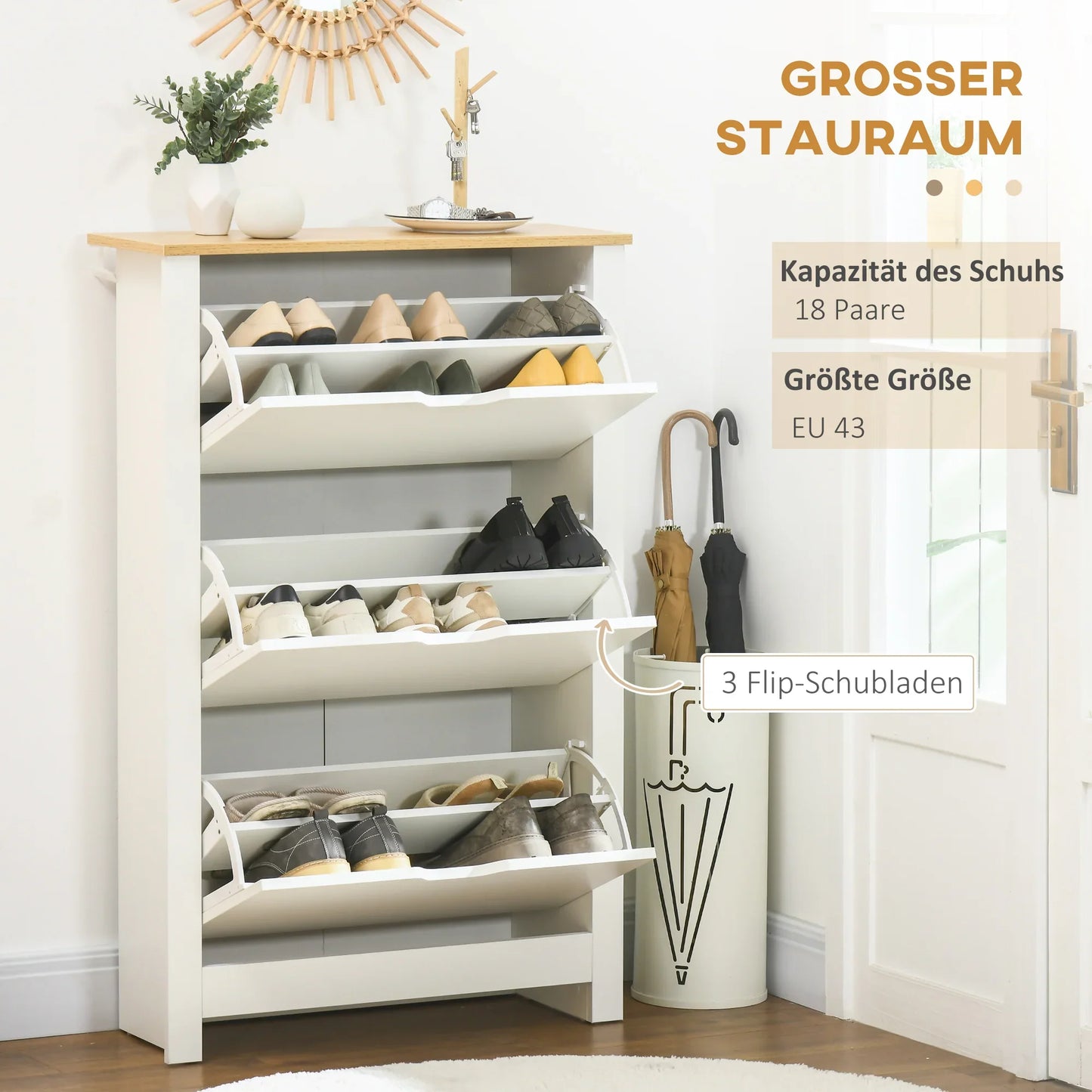 HOMCOM Shoe Cabinet with 3 Tipping Doors, Shoe Rack, Slim Shoe Cabinet with Adjustable Compartment, Shoe Cabinet for 18 Pairs of Shoes 72 x 26 x 112 cm, White+Natural