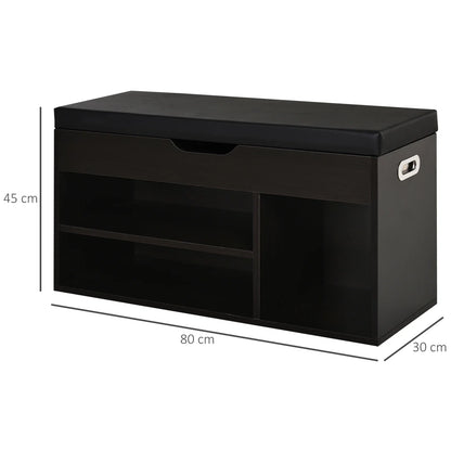 HOMCOM Gepolsterter Schuhschrank für den Eingangsbereich, Schuhbank mit Schuhregal, 3 Fächer, Sitzfläche aus PU-Leder, für Wohn- und Flurbereich, 80x30x43 cm, Schwarz