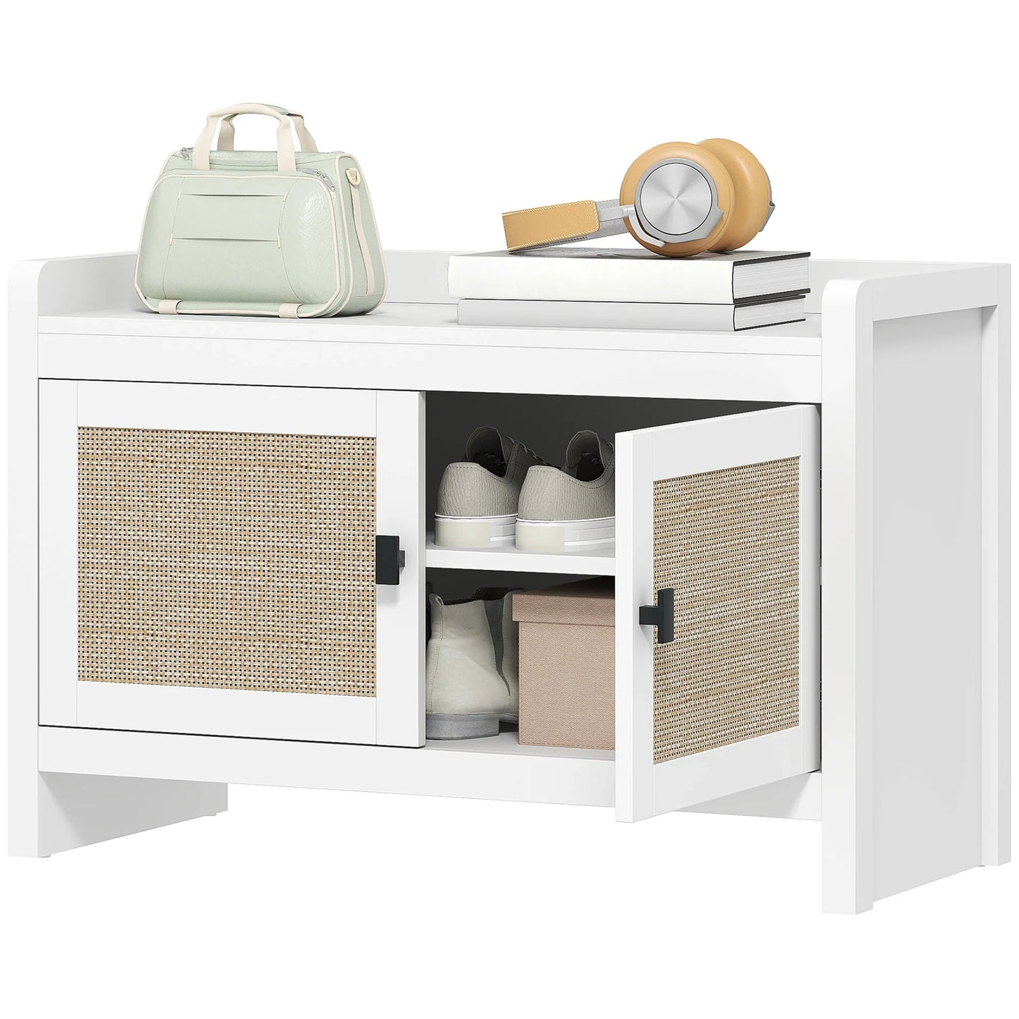 HOMCOM Bohemian shoe bench with rattan front doors, removable shelf for 8 pairs of shoes for hallway and bedroom 80x35x52 cm white