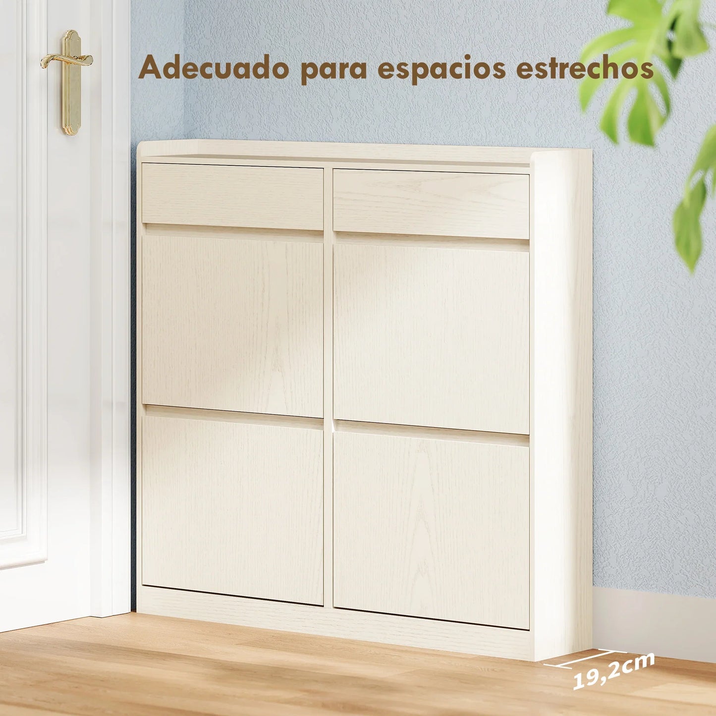 HOMCOM Narrow Shoe Cabinet with 4 Flip-Down Doors - Shoe Storage with 2 Drawers for 8 Pairs of Shoes, Ideal for the Hallway - 98x19.2x95.3 cm White