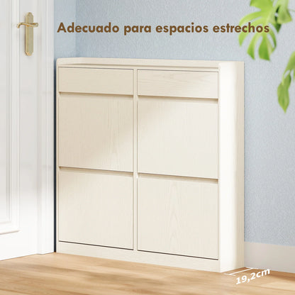 HOMCOM Narrow Shoe Cabinet with 4 Flip-Down Doors - Shoe Storage with 2 Drawers for 8 Pairs of Shoes, Ideal for the Hallway - 98x19.2x95.3 cm White