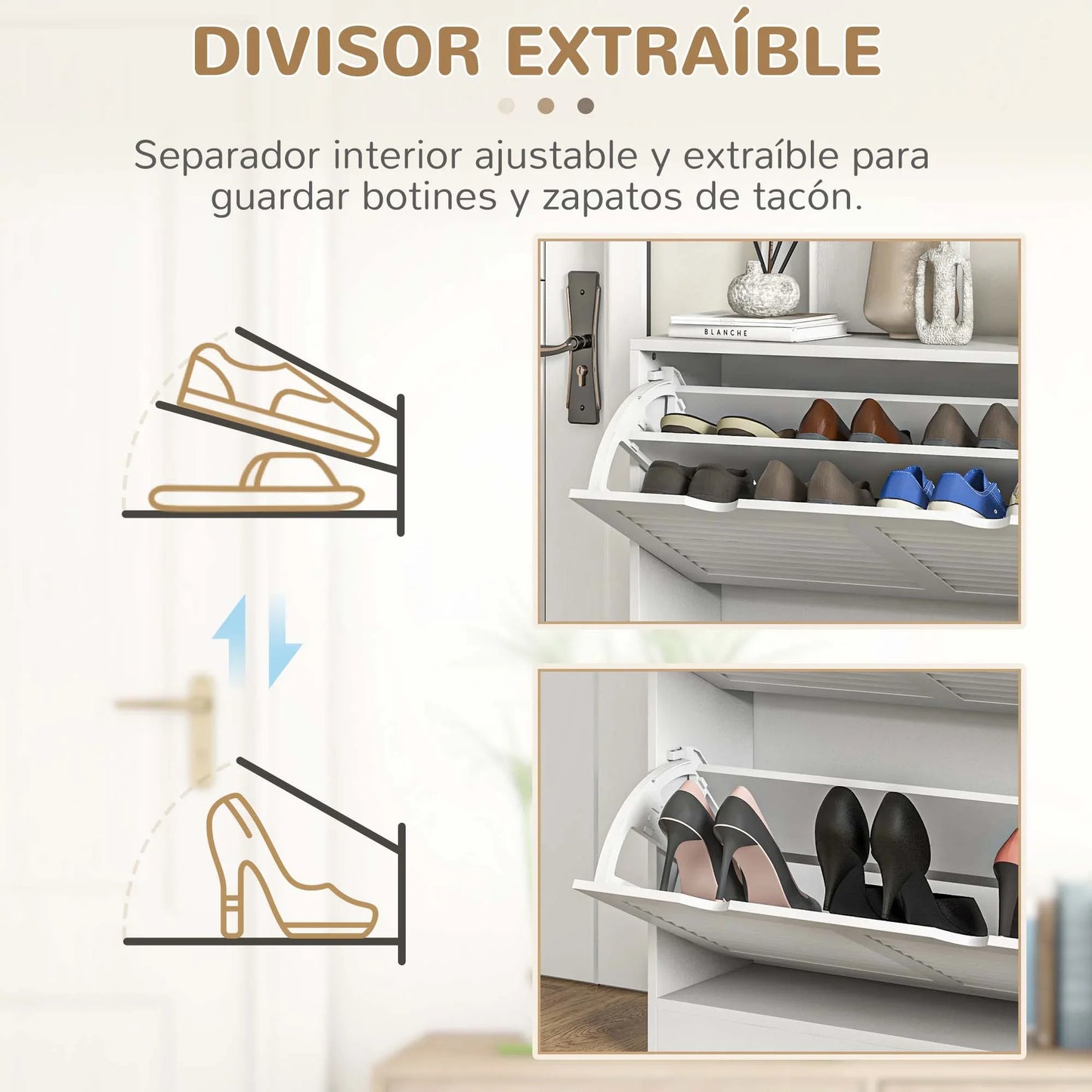 HOMCOM Modernes Schuhregal Eingangs-Schuhschrank mit 2 Klapptüren und verstellbaren Regalen für 16 Paar Schuhe, schmaler Schuhschrank für Flur, 81,5x25x83 cm, Weiß