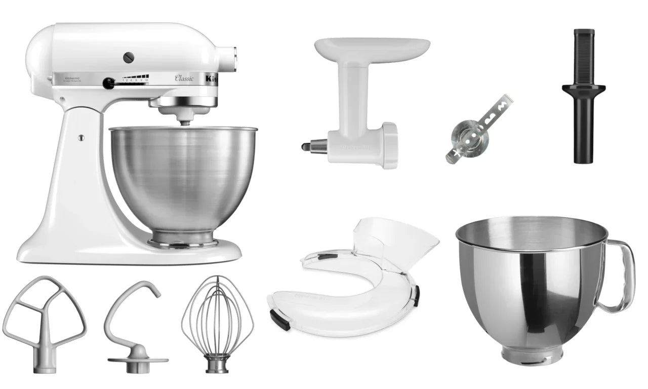 KitchenAid 4,3 L 5K45SS Classic Küchenmaschine Set 4 Fleischwolf+Spritzgebäckvorsatz+Schüssel+Spritzschutz