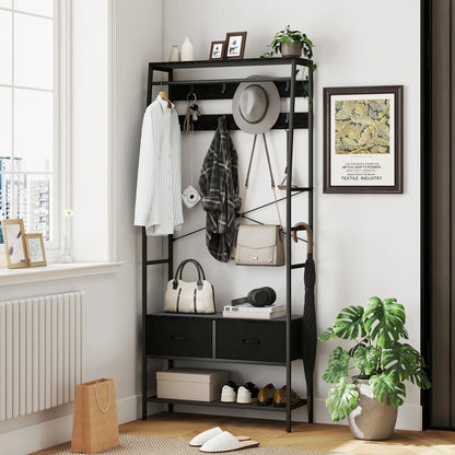 HOMCOM Coat Rack, Clothes Rail with Shoe Rack, 2 Fabric Drawers, Wardrobe with 8 Hooks, Shelf, Coat Rack with Anti-Tip Protection, for Hallway, Corridor, Bedroom, Black
