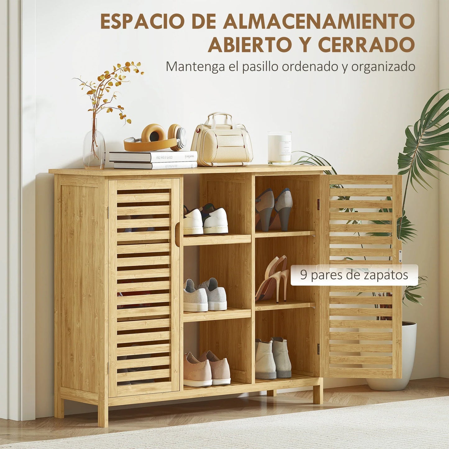 HOMCOM Bamboo Shoe Cabinet with 2 Louvred Doors - Shoe Rack for the Entrance Area with Shelves and Open Compartments for 9 Pairs of Shoes 100x33x86 cm Natural