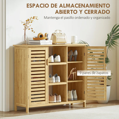 HOMCOM Bamboo Shoe Cabinet with 2 Louvred Doors - Shoe Rack for the Entrance Area with Shelves and Open Compartments for 9 Pairs of Shoes 100x33x86 cm Natural