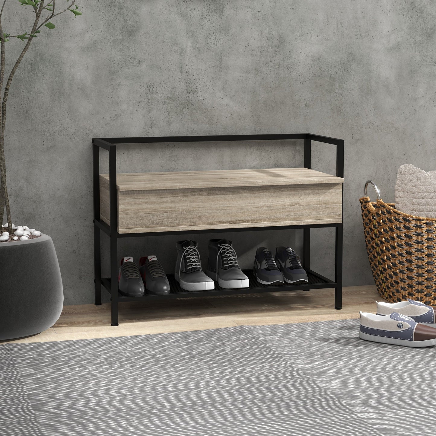 HOMCOM Schuhbank mit Klappdeckel und verstecktem Fach sowie unterer Gitterablage für 4 Paar Schuhe für Flur und Wohnzimmer 84x39,5x61 cm Eiche
