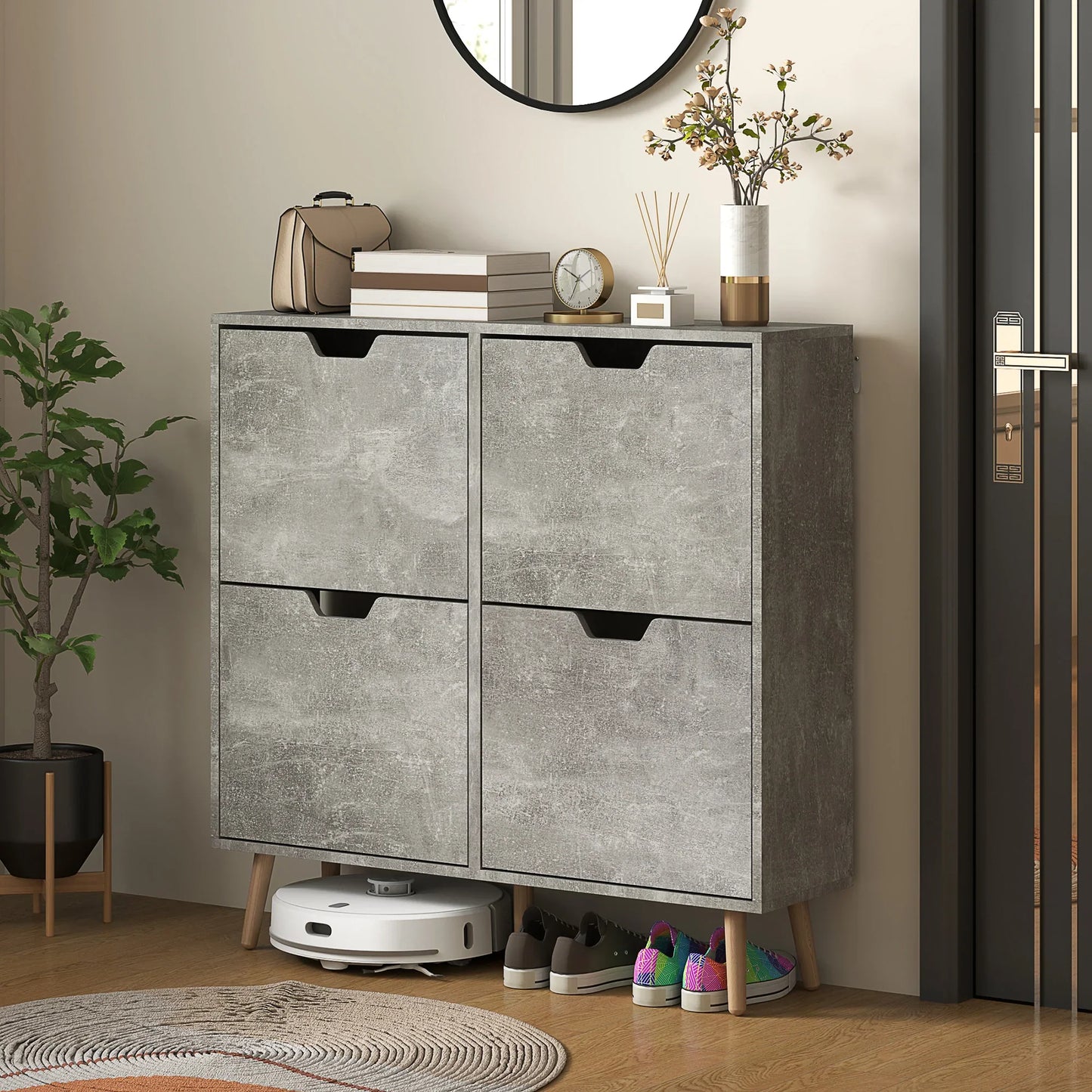 HOMCOM Schuhschrank für den Eingangsbereich mit 4 Klapptüren auf 2 Ebenen für 16 Paar Schuhe, platzsparender Schuhschrank mit verstellbaren Regalen aus Spanplatte und Kiefernholz, 95x26x95 cm, Grau