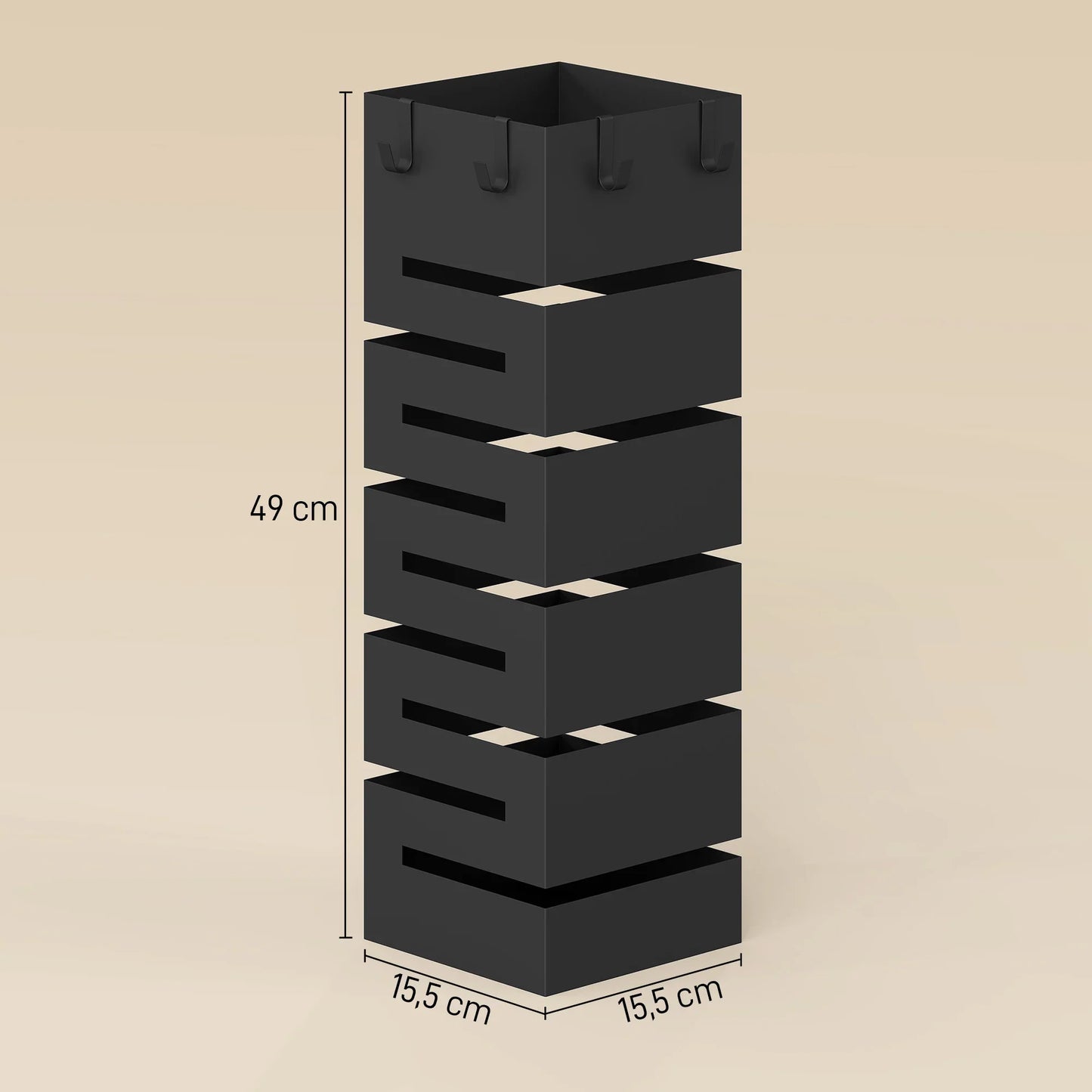 HOMCOM Metall-Schirmständer, quadratisch, mit abnehmbarer Tropfschale & 4 Haken, für Diele, 15,5 x 15,5 x 49 cm, Schwarz
