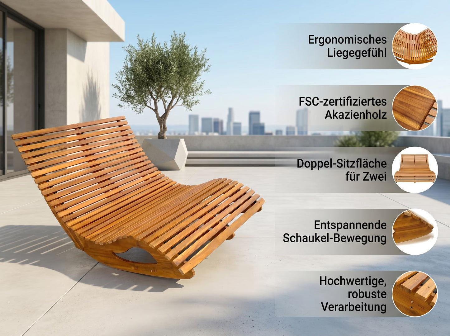 Ergonomic double rocking lounger made of acacia wood - FSC® certified