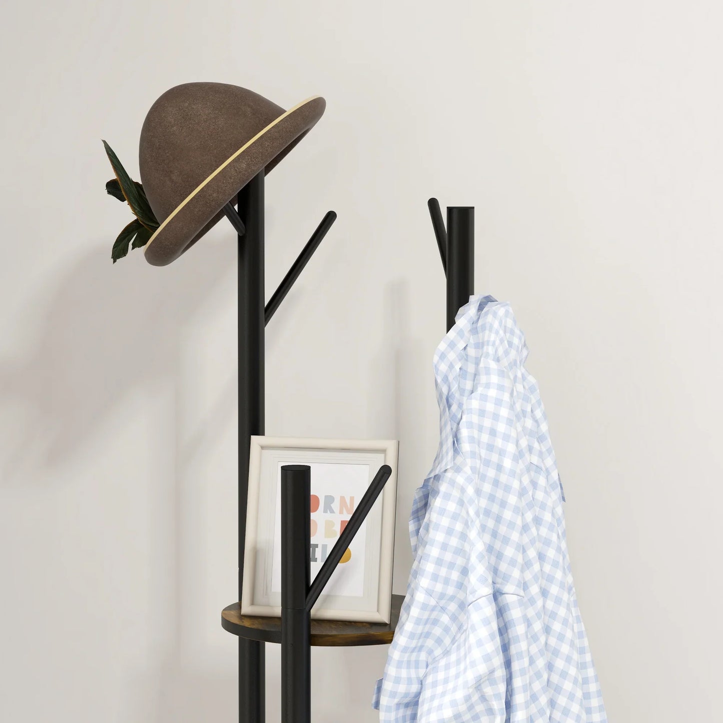 HOMCOM Rotating Freestanding Clothes Rack with 8 Hooks and 4 Shelves, Industrial Garment Rack for Entryway and Bedroom, Ø30x175cm, Rustic Brown