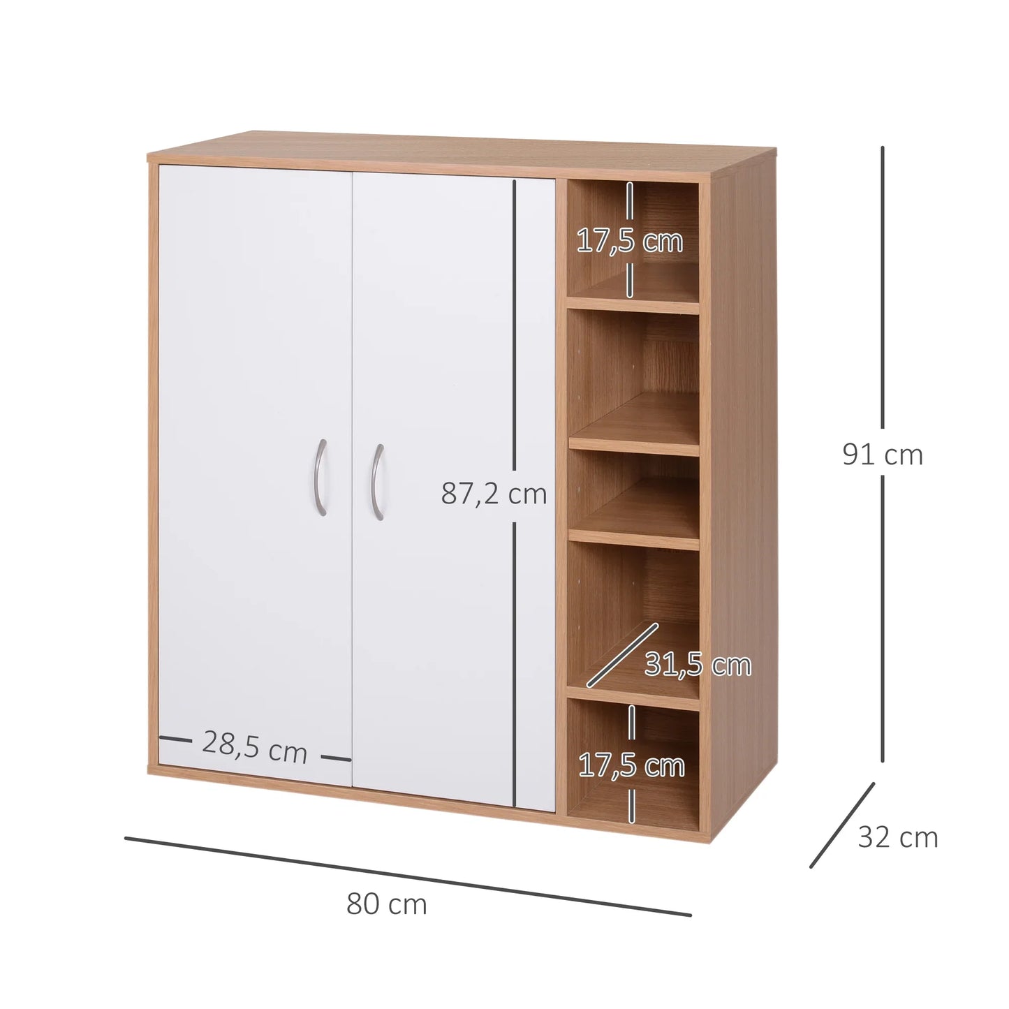 HOMCOM Konsolenschrank Niedriger Schrank Multifunktionaler Stauraumorganisator für Küche, Esszimmer, Wohnzimmer, Badezimmer mit Türen und verstellbaren Regalen 80x32x91 cm