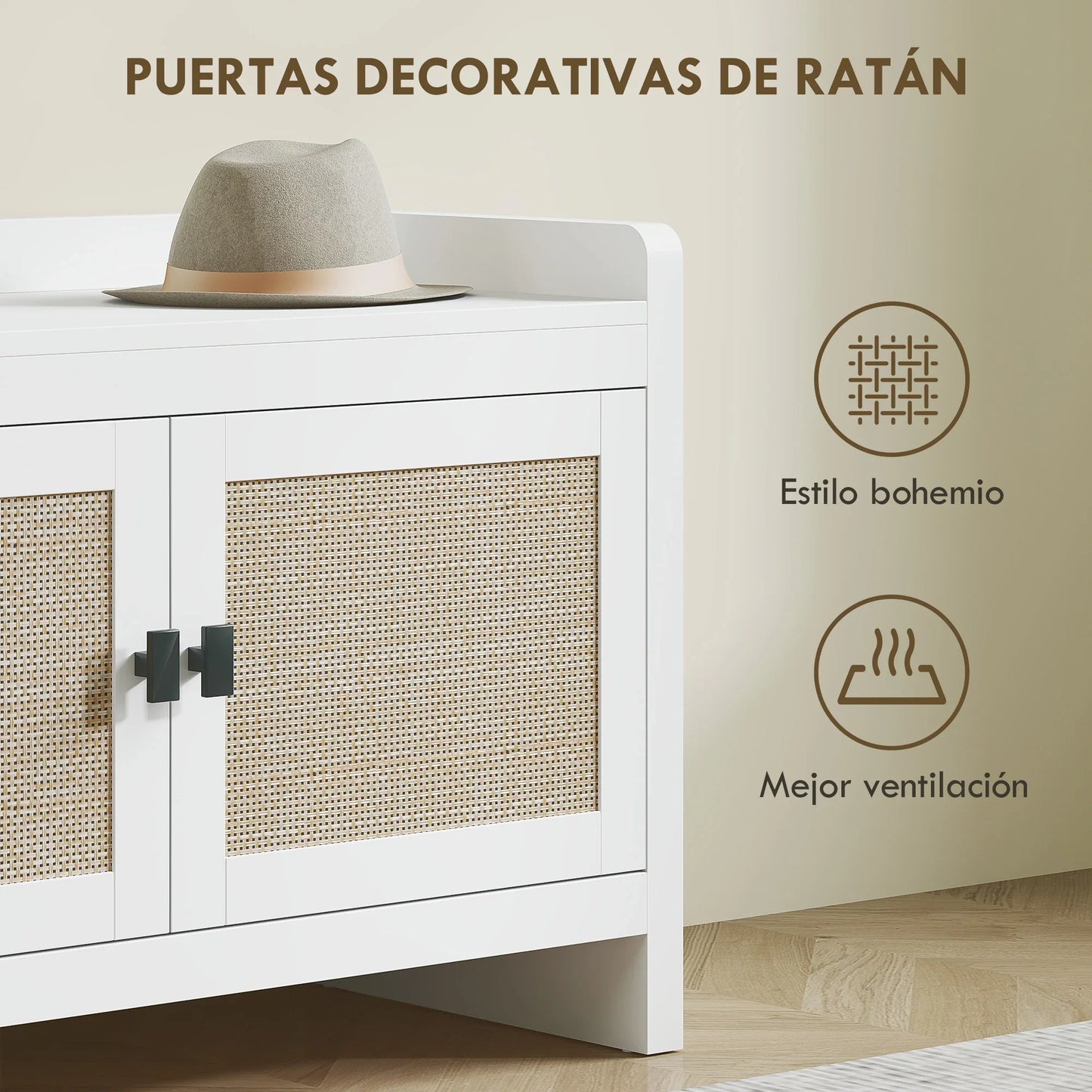 HOMCOM Bohemian shoe bench with rattan front doors, removable shelf for 8 pairs of shoes for hallway and bedroom 80x35x52 cm white
