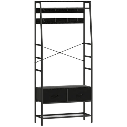 HOMCOM Coat Rack, Clothes Rail with Shoe Rack, 2 Fabric Drawers, Wardrobe with 8 Hooks, Shelf, Coat Rack with Anti-Tip Protection, for Hallway, Corridor, Bedroom, Black